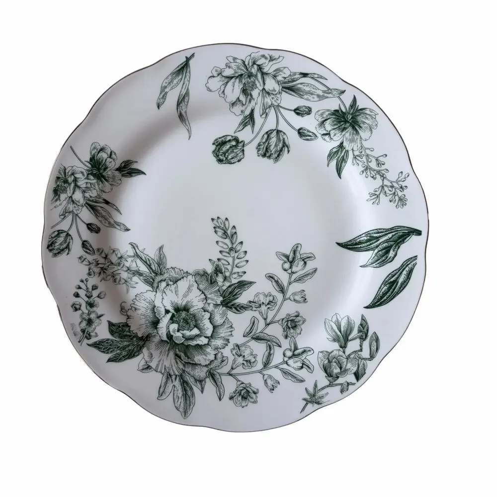 Medici Green Floral Toile Dinner Plates 10.5in Set of 4 Scalloped Porcelain New